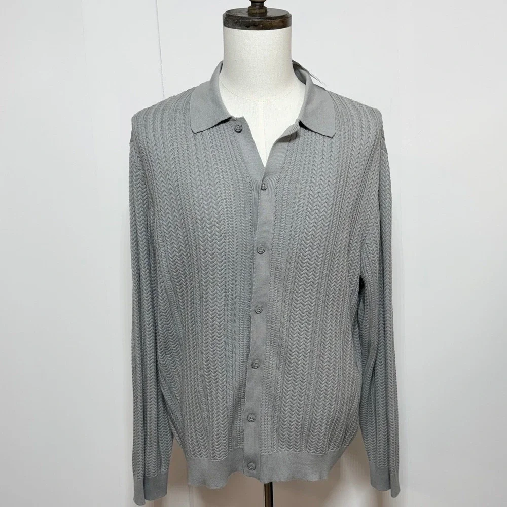 Forever 21 Cardigan Mens Large Gray Cable Knit Button Up Long Sleeve Sweater NEW